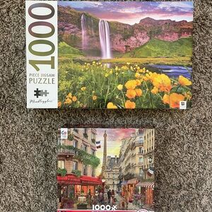 Set of 2 1000 Piece Jigsaw Puzzles - Scenic Waterfall and cities